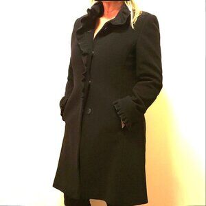 Stunning DKNY Ruffle Front Coat Black Wool